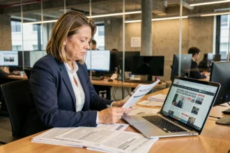 Journaliste dans une salle de rédaction moderne examinant des documents, symbolisant le rôle des médias dans la démocratie