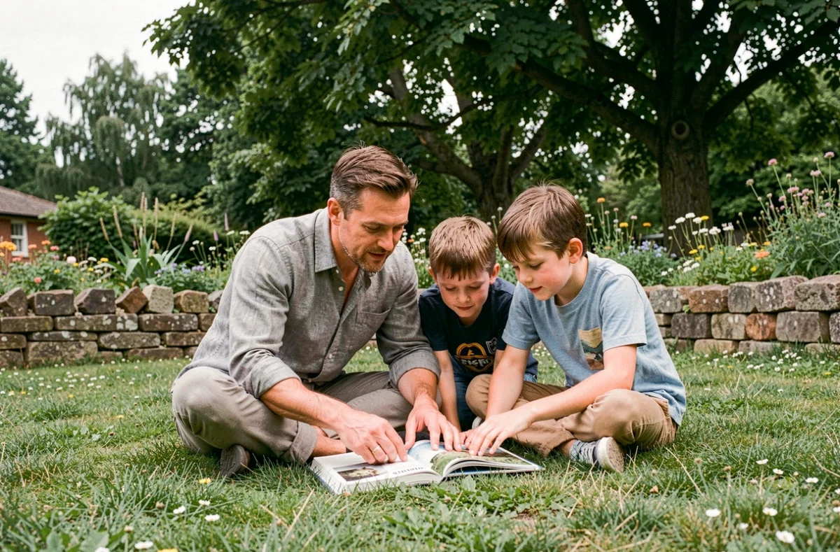 Père ou enseignant lisant un livre illustré avec deux enfants assis sur l'herbe dans un jardin scolaire bienveillant