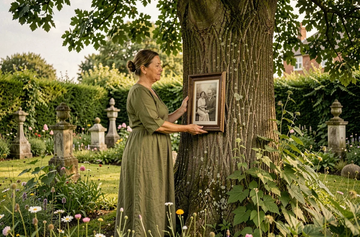 Femme posant un portrait de famille ancien contre un arbre dans un jardin, symbolisant la libération des héritages émotionnels familiaux