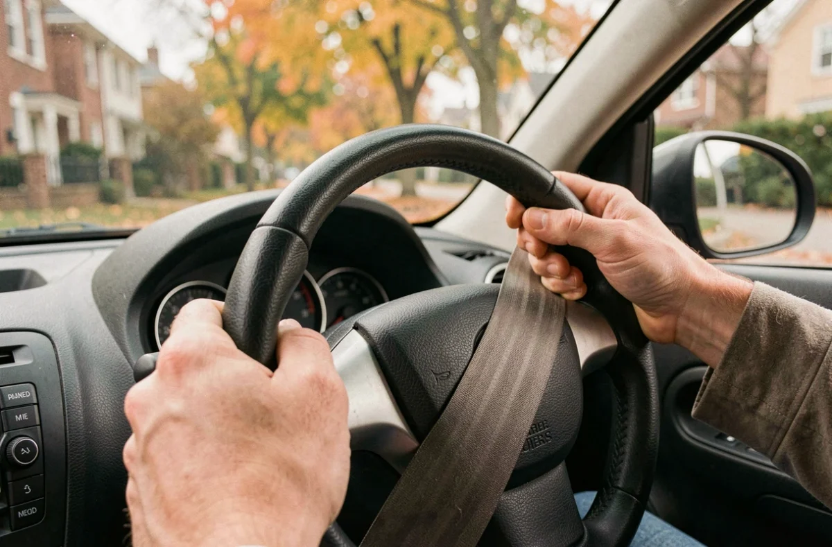 Gros plan sur des mains au volant avec ceinture de sécurité attachée dans une voiture familiale