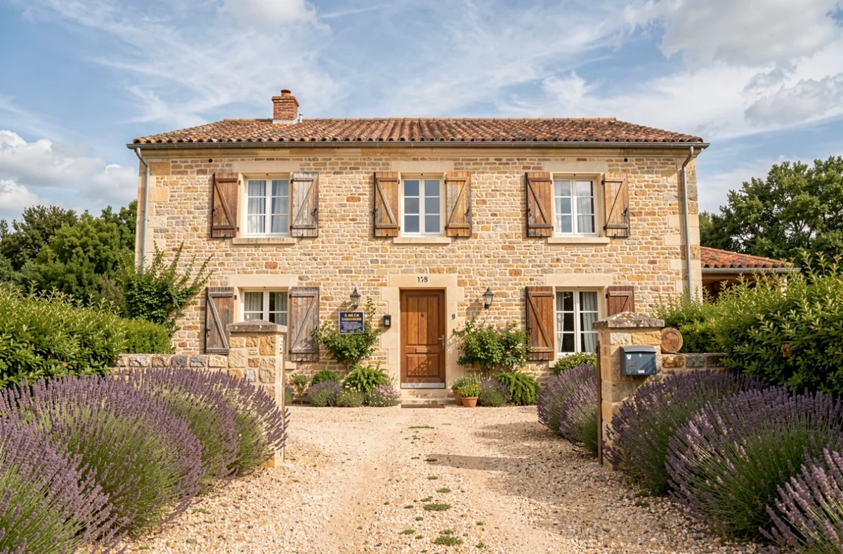 Maison secondaire en pierre dans la campagne française avec jardin et volets en bois