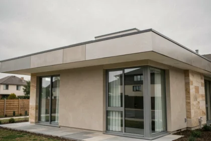 Maison moderne avec toit plat en milieu résidentiel, illustrant le coût et l'esthétique d'une toiture plate contemporaine