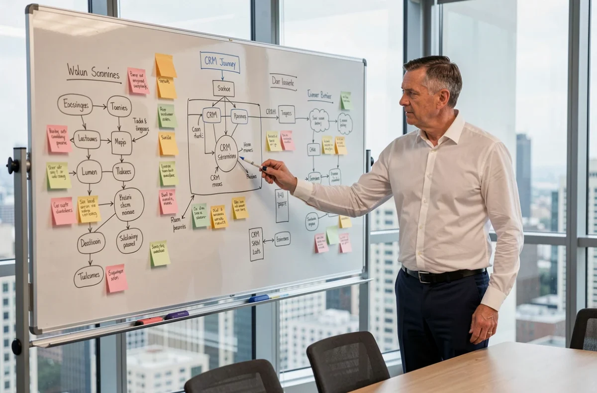 Un manager présentant un schéma de transformation numérique CRM sur un tableau blanc dans une salle de réunion d'entreprise avec vue sur la ville