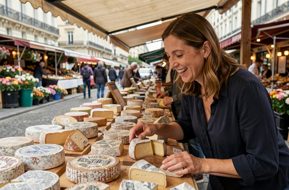Femme choisissant des fromages artisanaux sur un marché français en plein air, gastronomie et patrimoine culinaire