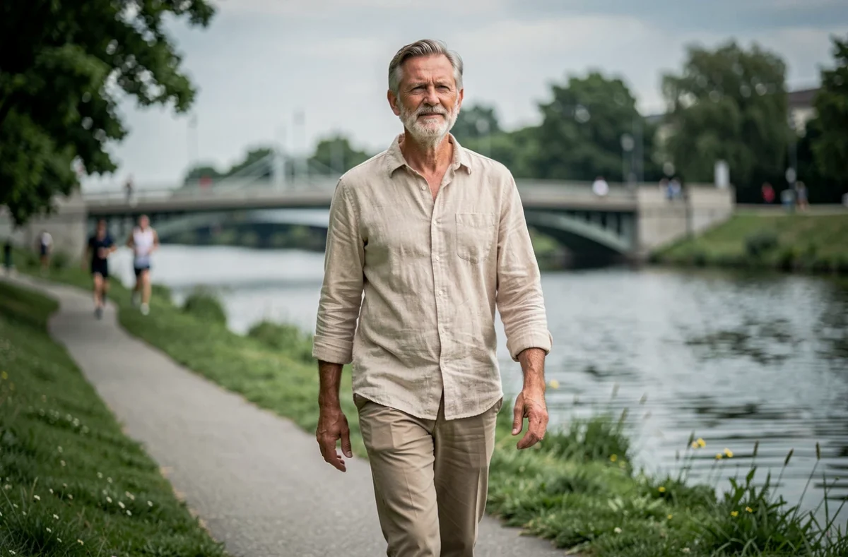 Homme d'une cinquantaine d'années marchant le long d'un chemin au bord de l'eau dans un parc urbain verdoyant dans le cadre d'une activité physique quotidienne