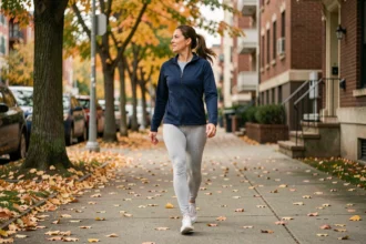Femme d'une quarantaine d'années marchant d'un pas vif sur un trottoir bordé d'arbres en automne pour illustrer une routine de marche quotidienne de 3 km