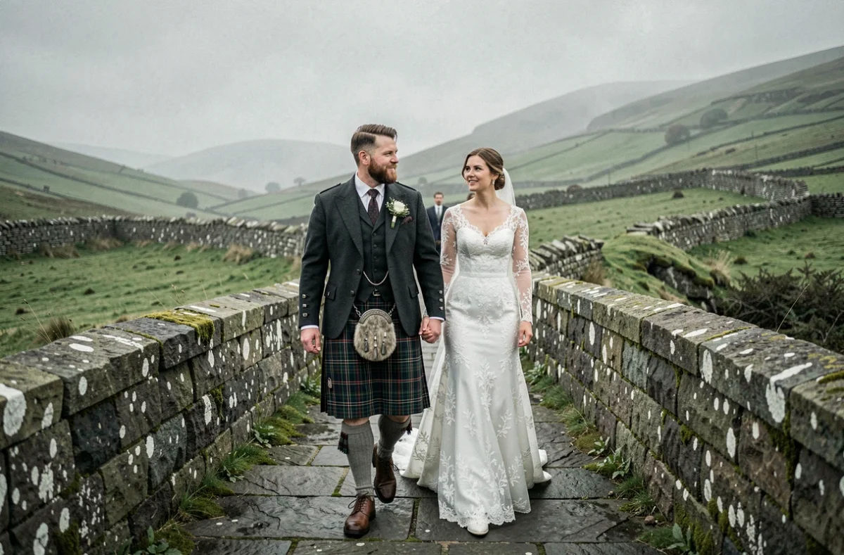 Couple en tenue traditionnelle écossaise avec kilt tartan traversant un pont de pierre dans les Highlands