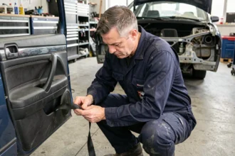 Mécanicien inspectant la ceinture de sécurité d'une voiture dans un atelier automobile professionnel
