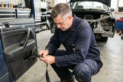 Mécanicien inspectant la ceinture de sécurité d'une voiture dans un atelier automobile professionnel