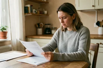 Mère célibataire consultant des documents administratifs pour l'allocation de soutien familial à la maison