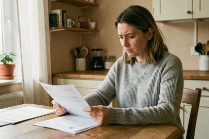Mère célibataire consultant des documents administratifs pour l'allocation de soutien familial à la maison