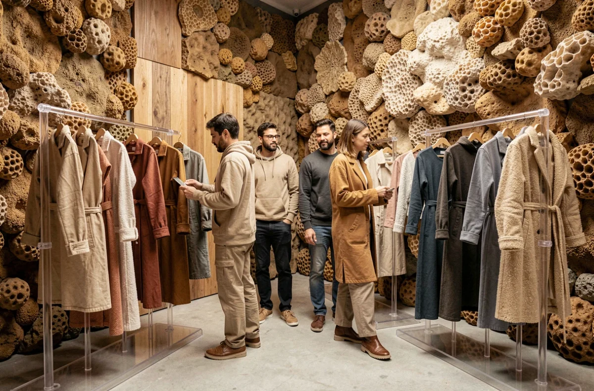 Groupe de personnes explorant des vêtements futuristes dans un atelier de mode écoresponsable avec panneaux en mycélium