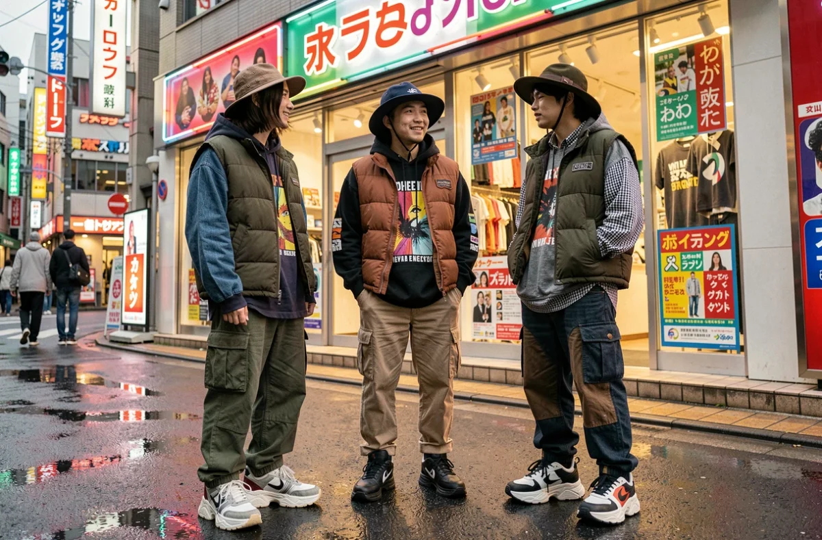Trois jeunes amis aux tenues avant-gardistes devant une boutique de mode à Harajuku, Tokyo, illustrant le style streetwear japonais