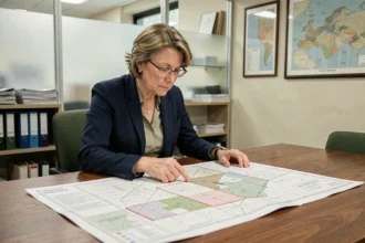 Femme consultant des cartes de zonage municipal dans un bureau d'urbanisme pour modifier le zonage de sa propriété