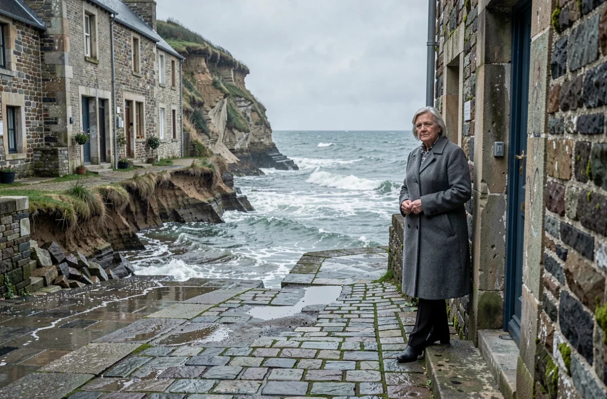 Montée des eaux marines et érosion côtière dans un village breton témoignant des effets du réchauffement climatique sur le littoral français