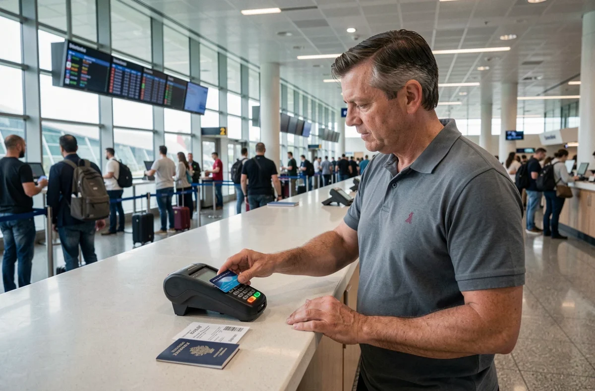 Homme payant avec une carte de crédit au comptoir d'enregistrement d'un aéroport international