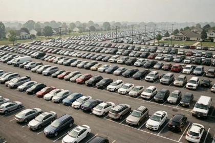 Vue aérienne d'un immense parking américain rempli de voitures symbolisant la densité automobile par État
