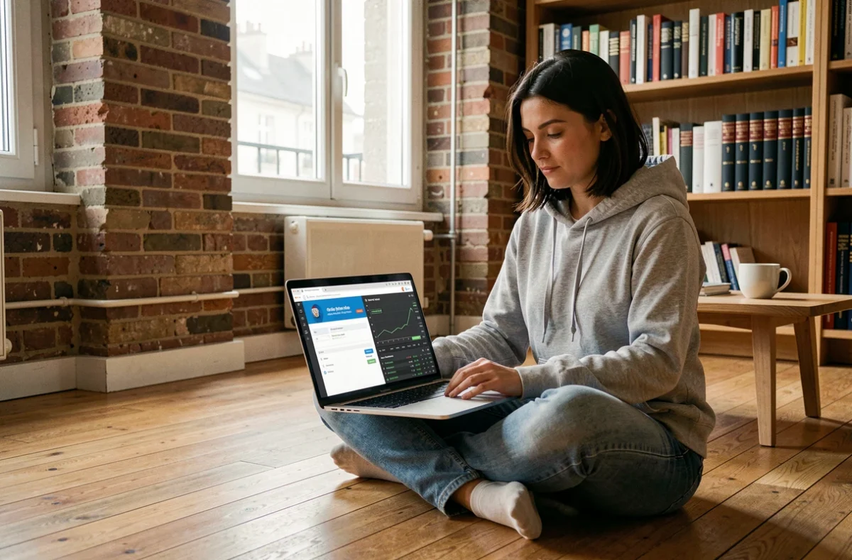 Femme consultant le cadre légal des crypto-monnaies en France depuis son appartement parisien