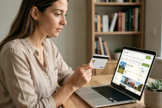 Femme utilisant une carte de crédit pour réserver des vacances en ligne sur un ordinateur portable