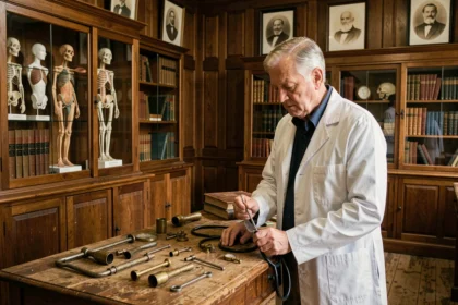 Scientifique senior en blouse blanche examinant des instruments médicaux anciens dans un laboratoire historique du début du XXe siècle