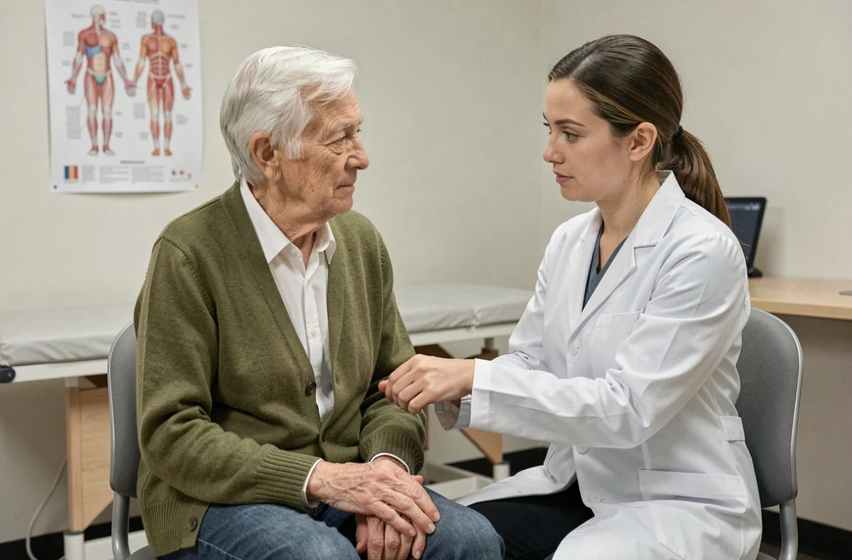 Personne âgée en consultation médicale pour des signes de sous-alimentation et de malnutrition