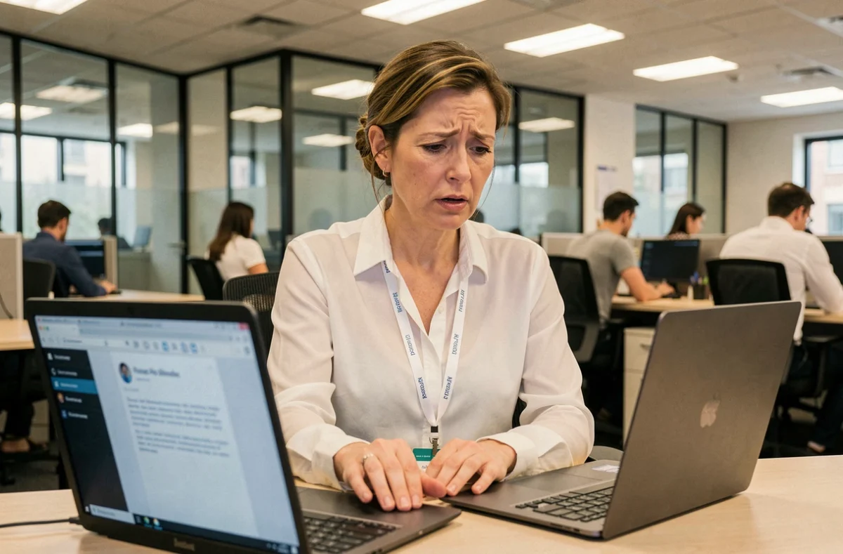 Femme en entreprise découvrant un email de phishing sur son ordinateur portable, illustration des cyberattaques en milieu professionnel