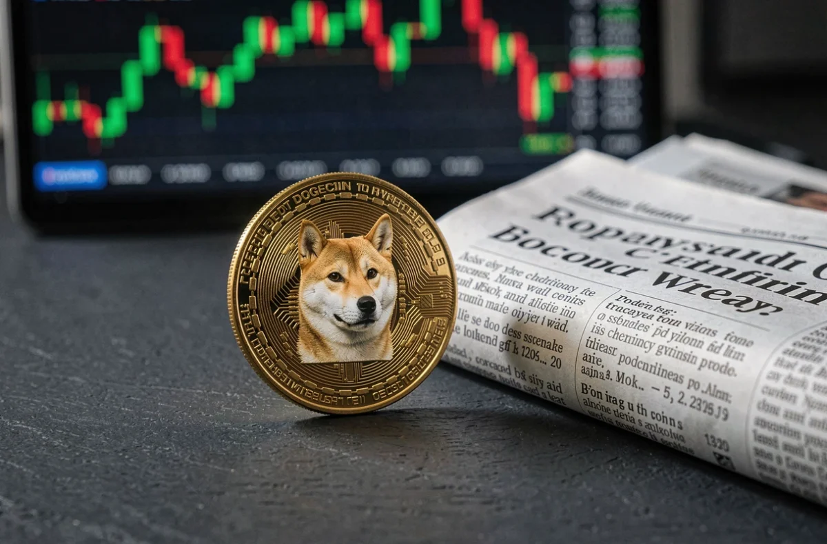 Pièce commémorative Dogecoin dorée posée sur une surface en ardoise avec un journal financier et des graphiques de trading en arrière-plan