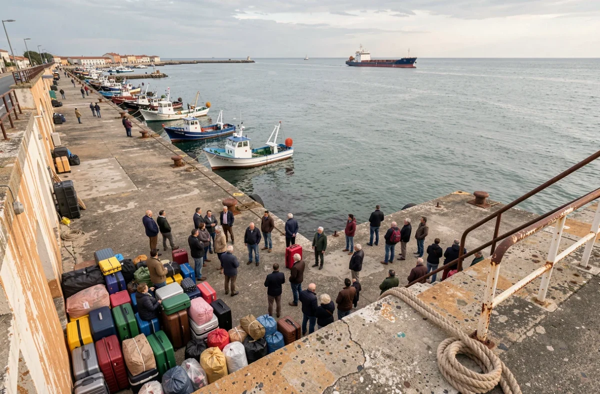 Vue d'un port méditerranéen avec des migrants rassemblés près des quais, représentant les flux migratoires maritimes en Europe du Sud