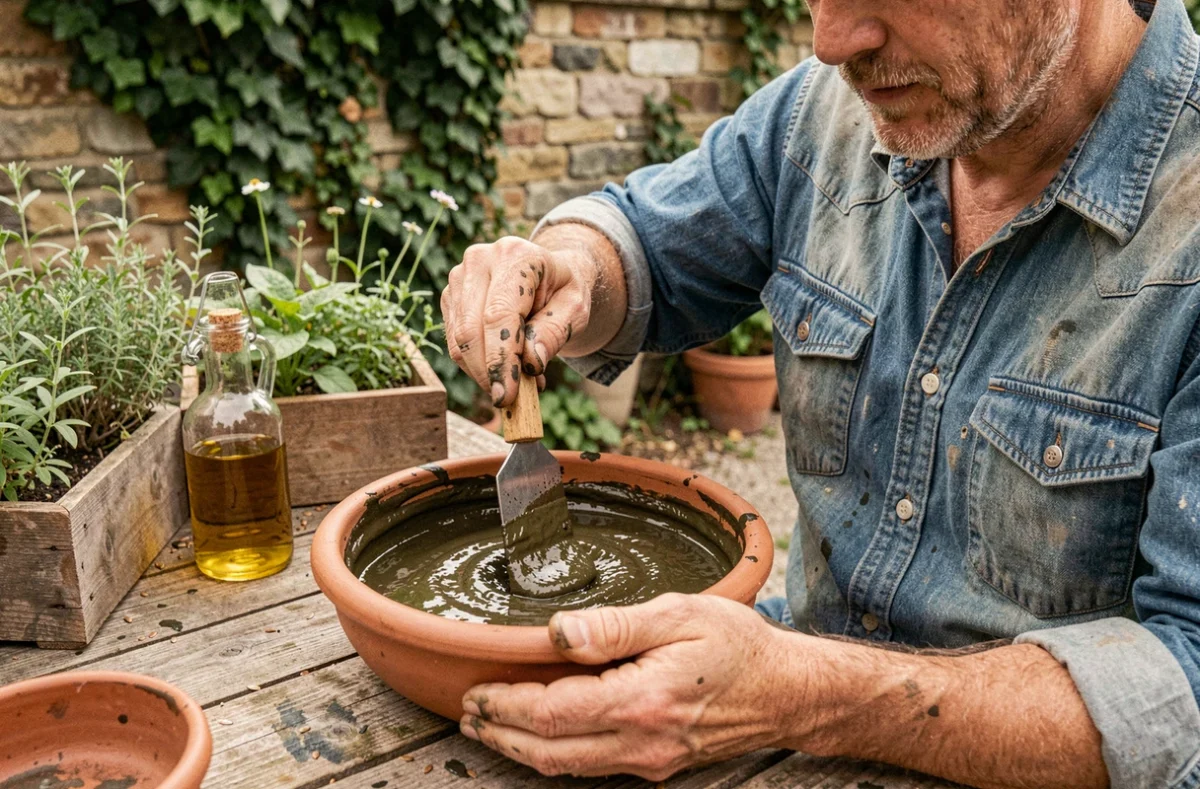Homme mélangeant de l'huile de lin et des pigments naturels pour préparer une peinture naturelle maison dans un jardin