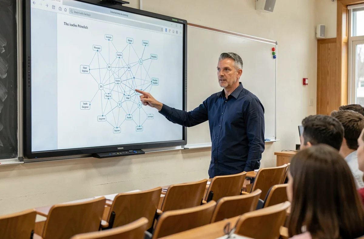 Professeur présentant un diagramme de réseau neuronal sur un écran interactif dans un amphithéâtre universitaire, expliquant le fonctionnement des grands modèles de langage