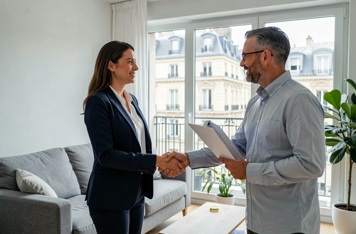 Femme propriétaire serrant la main d'un agent immobilier dans un appartement moderne lors d'une transaction de vente