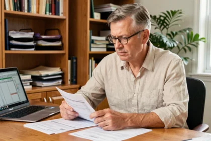 Propriétaire consultant des documents fiscaux pour optimiser la fiscalité de sa maison secondaire