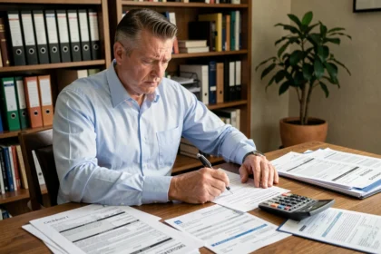 Propriétaire examinant des documents fiscaux liés à la vente immobilière sur un bureau en bois avec calculatrice et formulaires de taxe