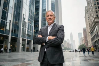 Homme d'affaires senior devant une tour de verre symbolisant la propriété immobilière mondiale