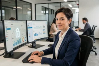 Femme professionnelle travaillant sur des écrans affichant des outils de protection de l'identité numérique en cybersécurité