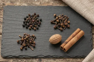 Vue de dessus des 4 épices du mélange : poivre noir, clous de girofle, noix de muscade et cannelle sur ardoise
