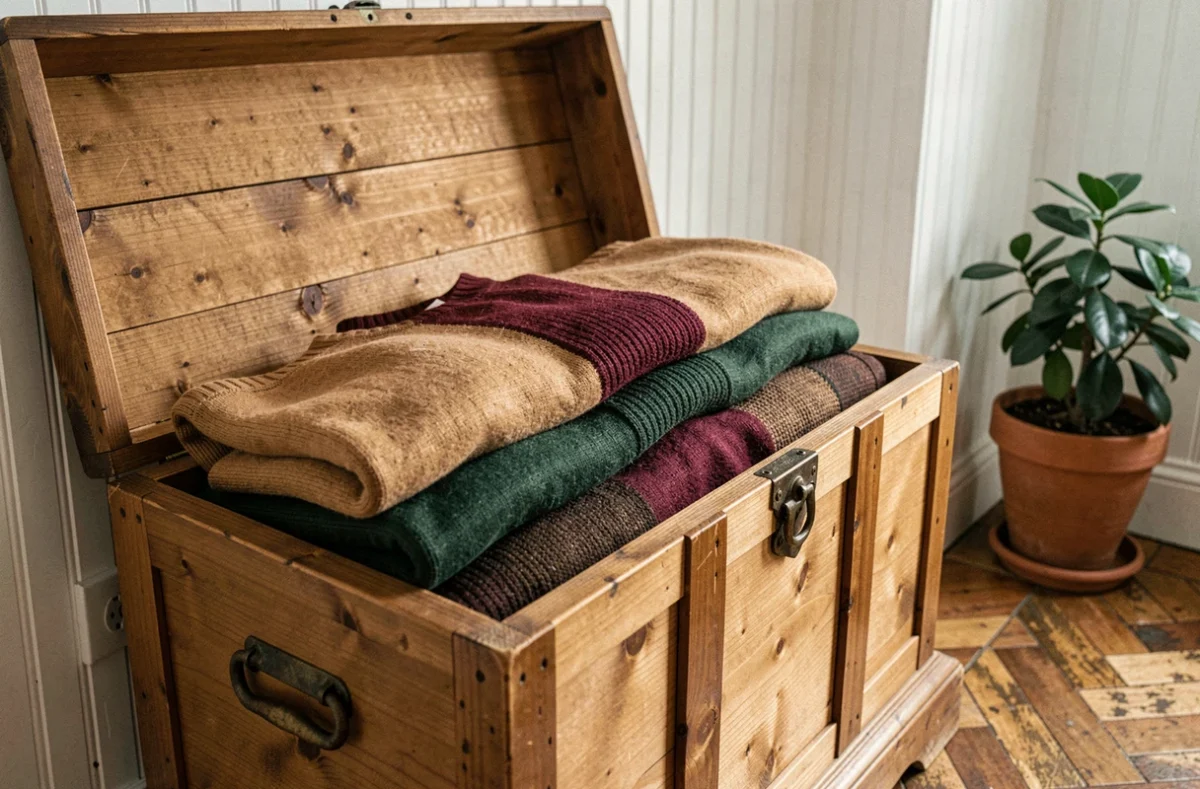 Pulls d'hiver colorés soigneusement empilés dans un coffre en bois de cèdre dans un couloir décoré
