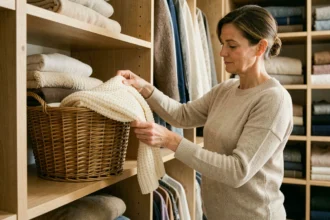 Femme rangeant un pull en laine dans un panier en osier sur une étagère de dressing organisé