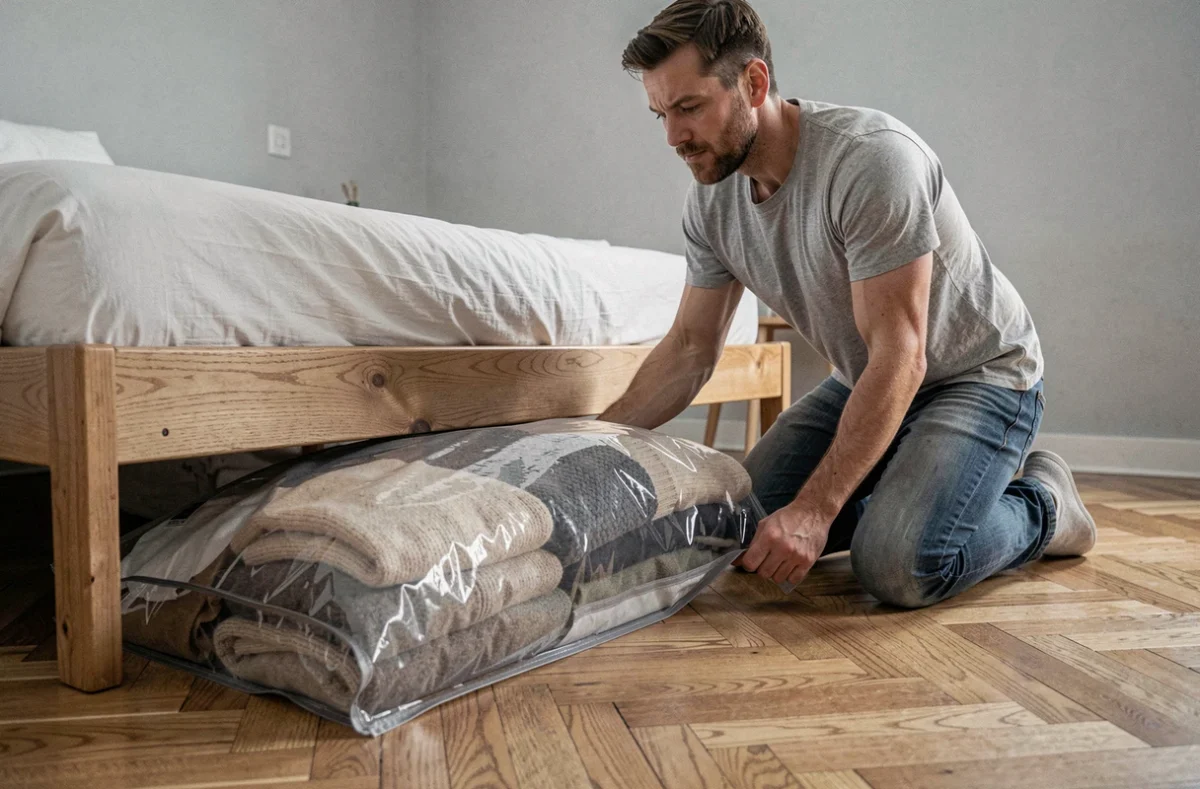 Homme glissant un sac de rangement sous vide rempli de pulls en laine sous un lit en bois