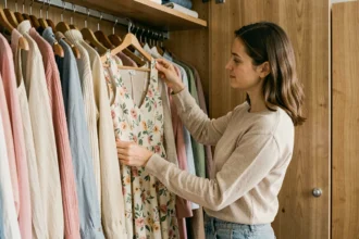 Femme rangeant une robe florale sur un cintre dans une armoire bien organisée