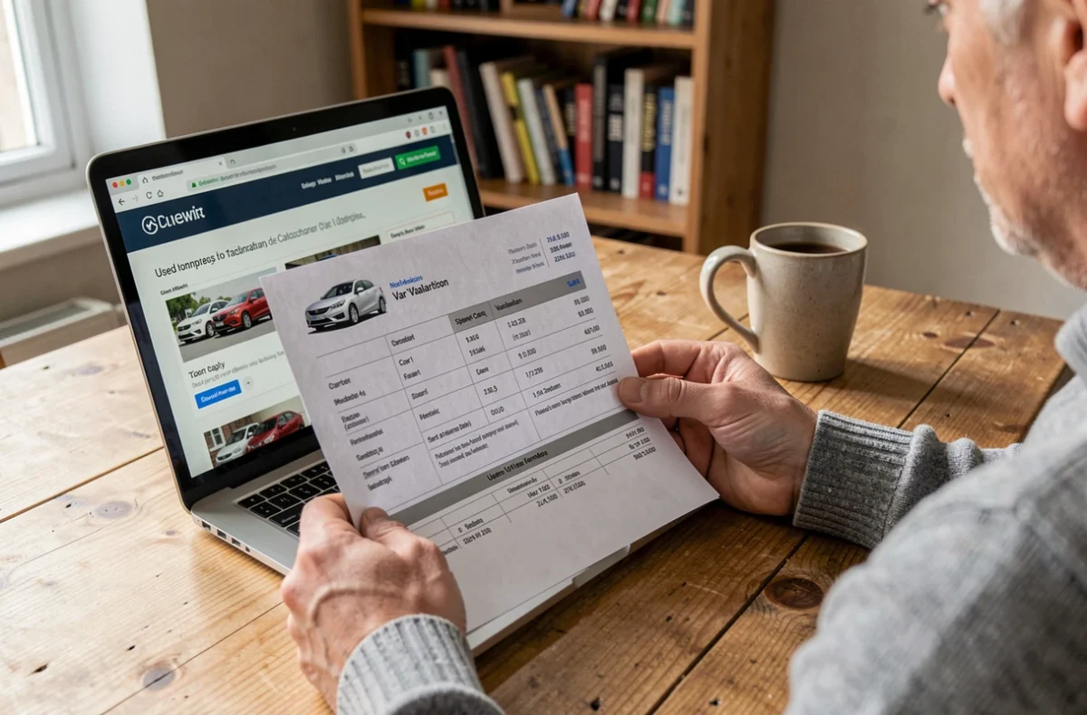 Mains tenant un rapport d'évaluation automobile avec un ordinateur portable affichant des comparatifs de voitures d'occasion
