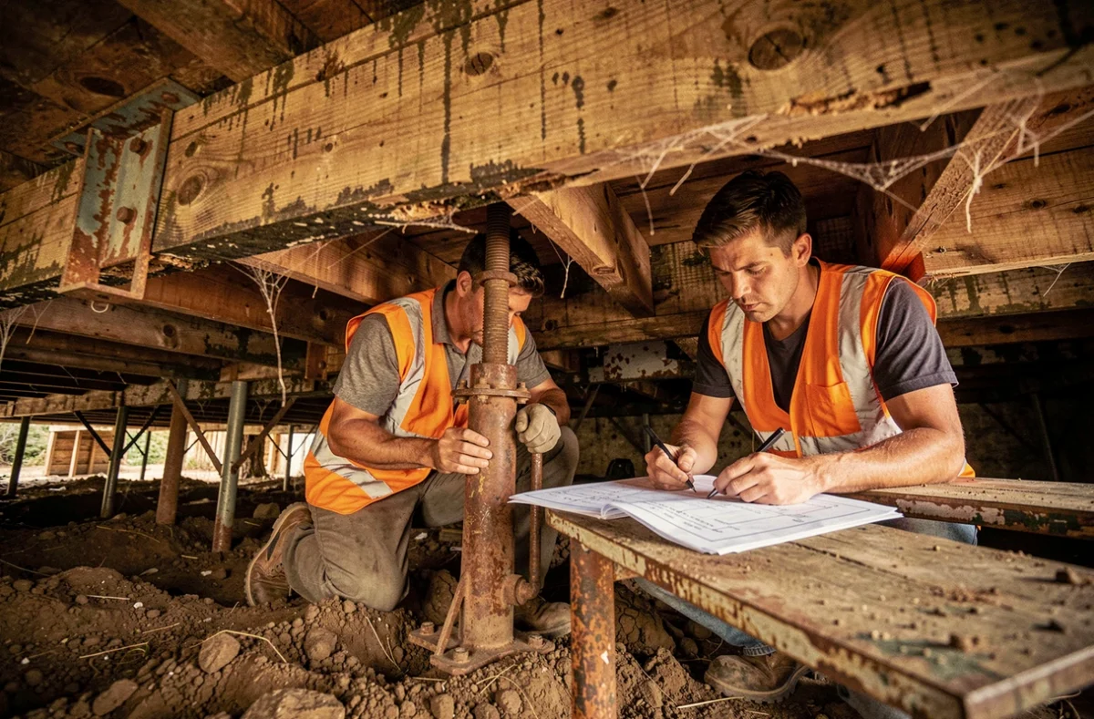 Deux ouvriers utilisant un vérin hydraulique pour réparer les fondations affaissées d'une maison en bois