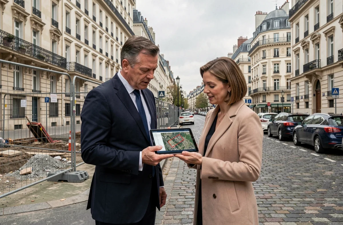Deux responsables municipaux consultant un plan de zonage numérique sur tablette devant un chantier urbain