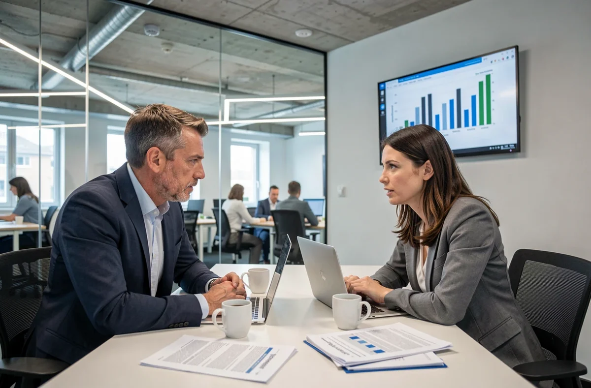 Deux responsables d'entreprise en réunion stratégique discutant des obstacles et difficultés actuels dans un espace de coworking