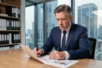 Investisseur immobilier analysant les risques financiers d'une SCPI avec des documents et graphiques sur un bureau en bois