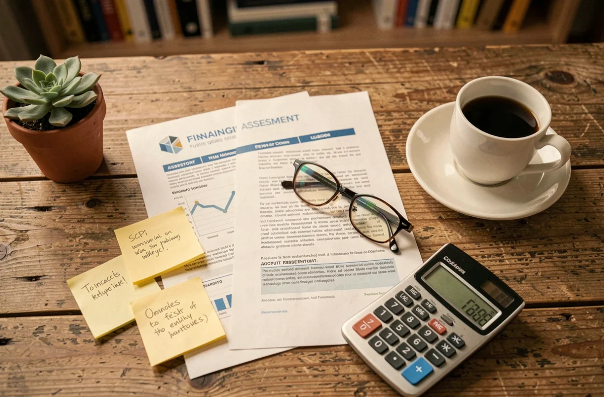Vue aérienne d'un bureau avec documents financiers, prospectus SCPI et calculatrice illustrant les risques d'investissement
