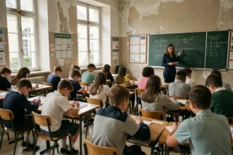 Salle de classe française avec élèves et enseignante au tableau noir, illustrant le système éducatif français