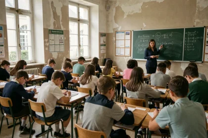Salle de classe française avec élèves et enseignante au tableau noir, illustrant le système éducatif français