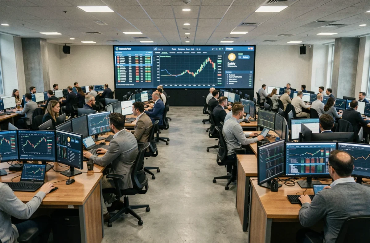 Salle de trading de cryptomonnaies avec des professionnels surveillant des flux de données blockchain en temps réel