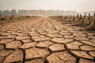 Lit de rivière asséché et fissuré en France illustrant les effets de la sécheresse liée au réchauffement climatique